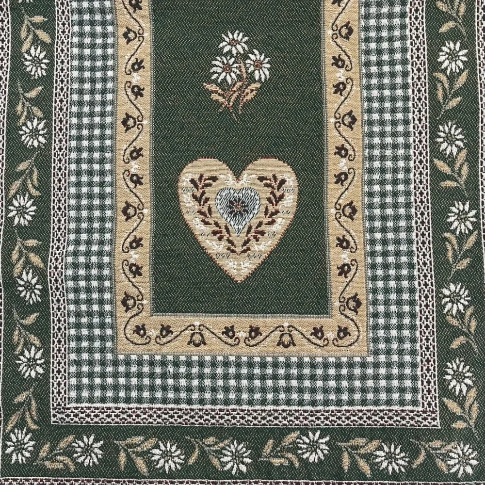 Vintage Tapestry Heart Gingham Floral Table Runner Green Italy Woven Cottagecore